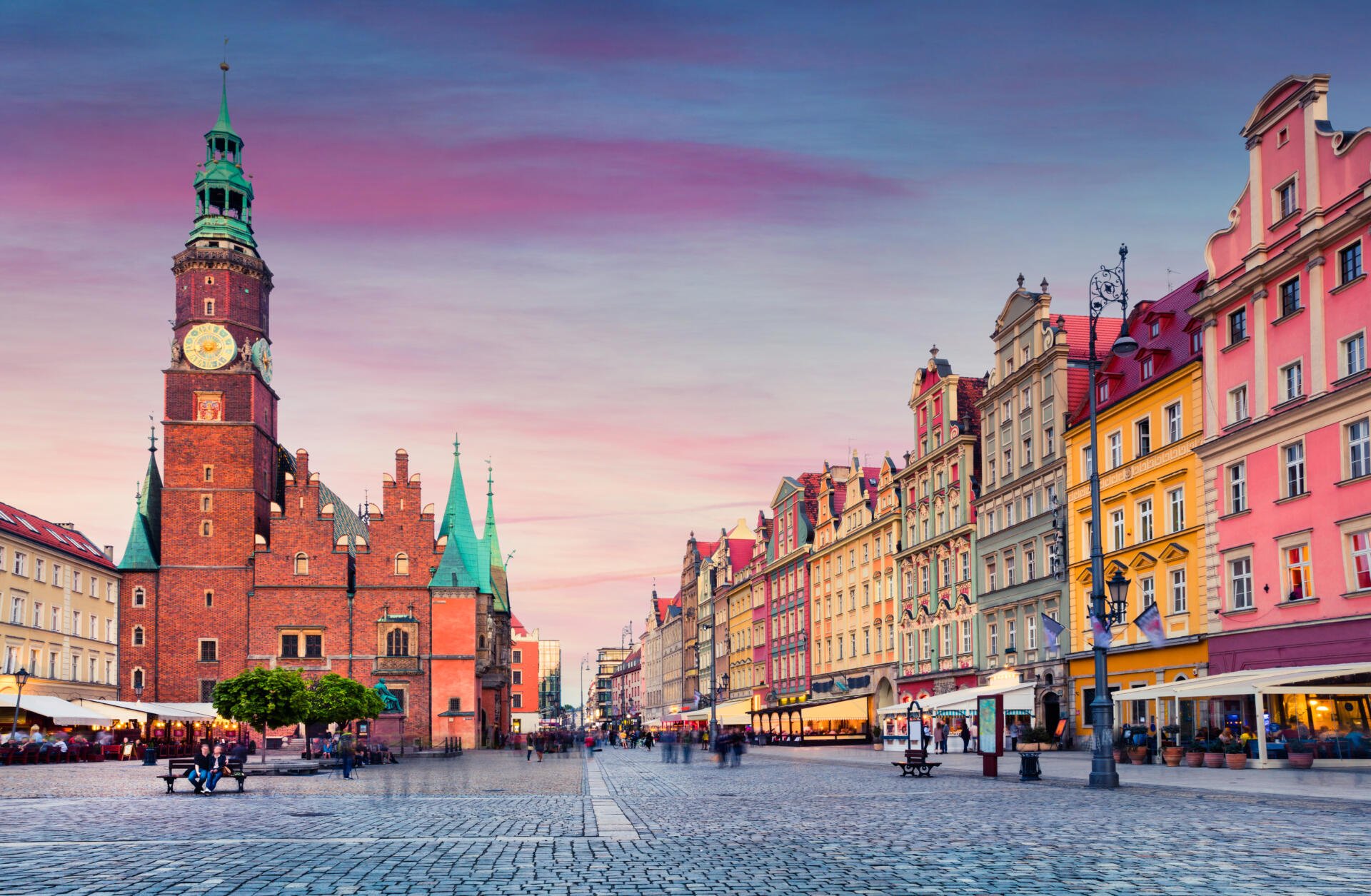 Colorful evening scene on wroclaw market square with town hall sunset in historical capital of silesia poland europe artistic style post processed photo stockpack istock
